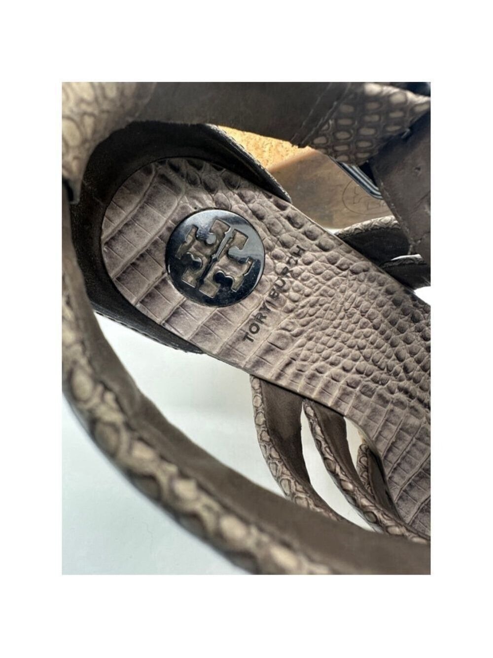 Tory Burch Wedge Sandals Taupe Snakeskin Size 6.5M - Picture 6 of 7
